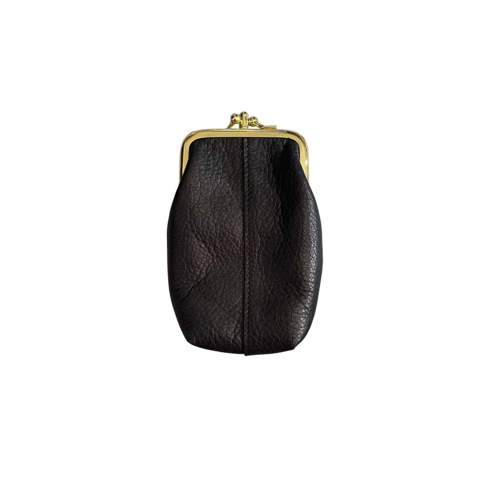 Vintage Black Pebble Grain Leather Double Kiss Lock Coin Purse Gold Tone Metal